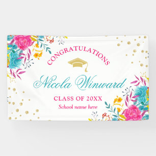 Watercolor Bright Flowers Girl Graduation Party  Banner