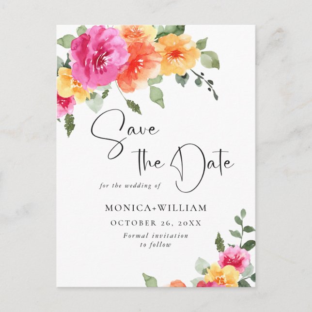 Watercolor Bright Flowers Wedding Save the Date Postcard (Front)