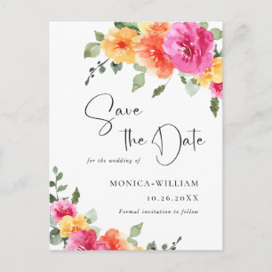 Watercolor Bright Flowers Wedding Save the Date Postcard
