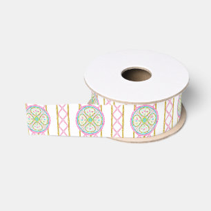 Watercolor Bright Mahjong Medallion Grosgrain Ribbon
