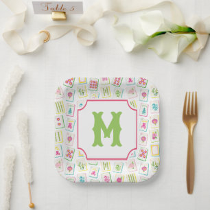 Watercolor Bright Mahjong Tiles Monogram Paper Plate