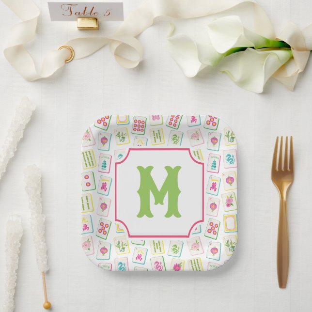 Watercolor Bright Mahjong Tiles Monogram Paper Plate (Wedding)