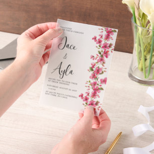 Watercolor bright pink blossom flowers Wedding Vellum Invitations