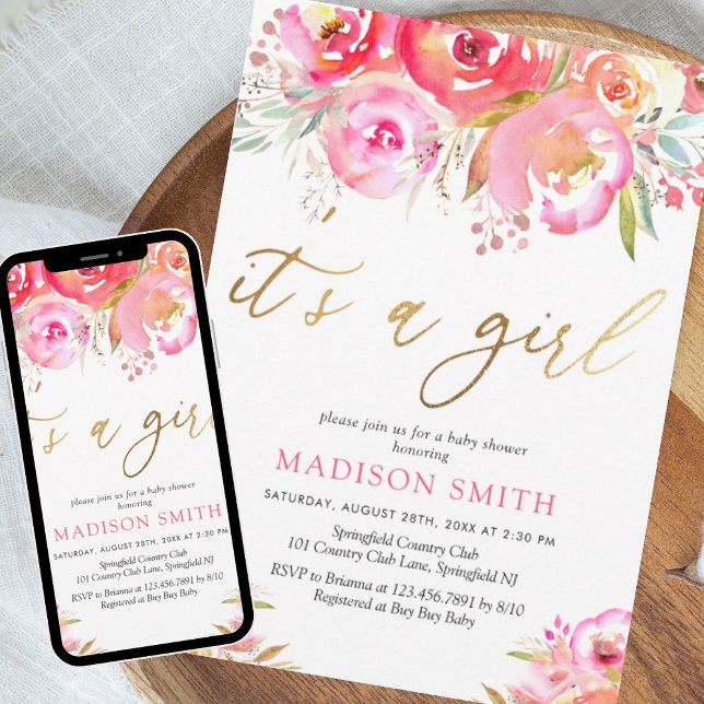 Watercolor Bright Pink Floral Baby Girl Shower Invitation (Creator Uploaded)