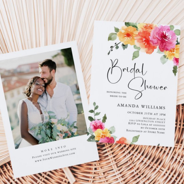Watercolor Bright Pink Flower Bridal Shower Photo Invitation (Creator Uploaded)