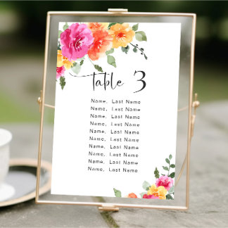 Watercolor Bright Pink Flowers Table Number Cards