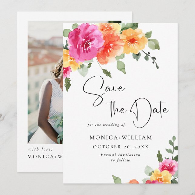 Watercolor Bright Pink Flowers Wedding Photo Save The Date (Front/Back)