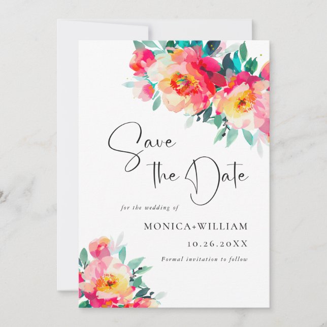 Watercolor Bright Pink Flowers Wedding Wedding Save The Date (Front)