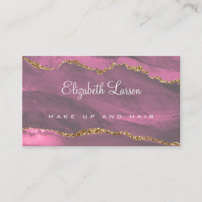 Watercolor Bright Pink Glitter Agate Makeup Artist Business Card (Front)