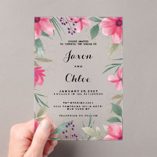 Watercolor bright pink gold floral Wedding Acrylic Invitations