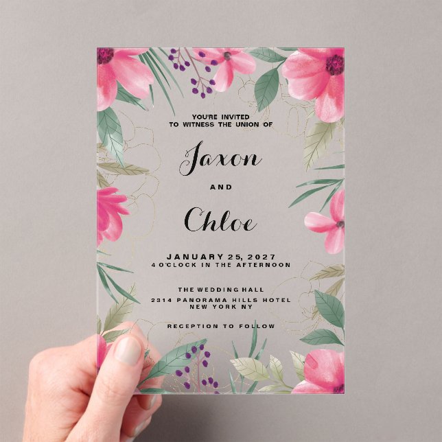 Watercolor bright pink gold floral Wedding Acrylic Invitations (Insitu (Handheld))