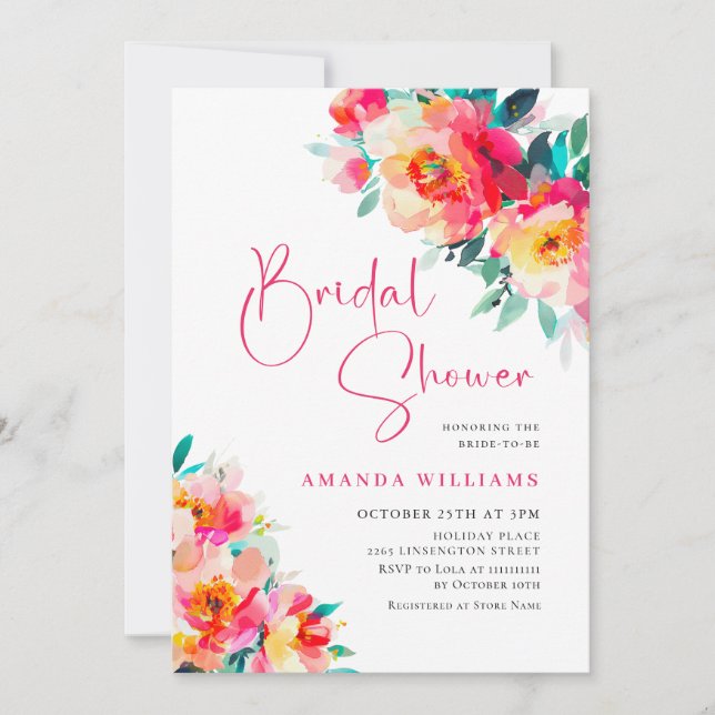 Watercolor Bright Pink Orange Flower Bridal Shower Invitation (Front)