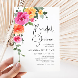 Watercolor Bright Pink Orange Flower Bridal Shower Invitation