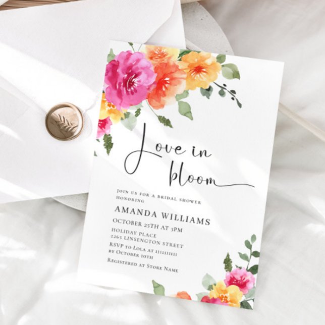 Watercolor Bright Pink Orange Flower Bridal Shower Invitation (Creator Uploaded)