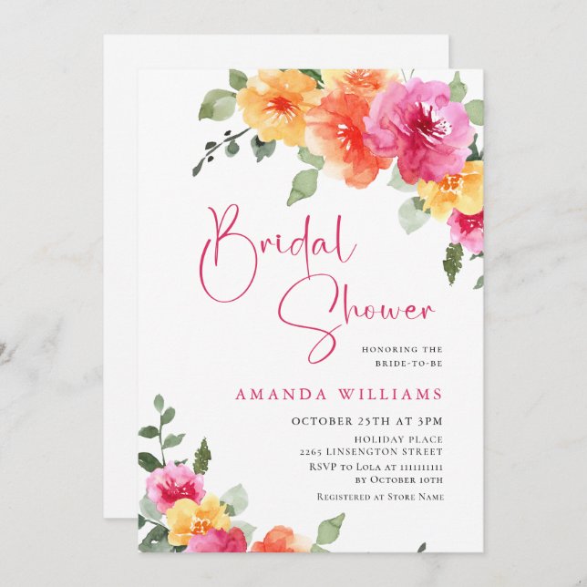 Watercolor Bright Pink Orange Flower Bridal Shower Invitation (Front/Back)
