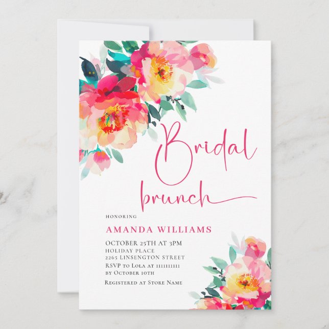 Watercolor Bright Pink Orange Flower Bridal Shower Invitation (Front)