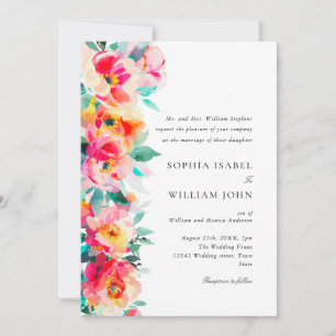 Watercolor Bright Pink Orange Flowers Wedding Invitation