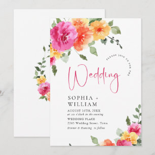 Watercolor Bright Pink Orange Flowers Wedding Invitation