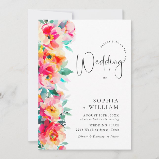 Watercolor Bright Pink Orange Flowers Wedding Invitation (Front)