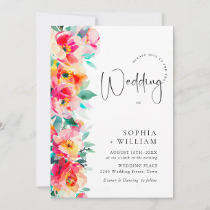 Watercolor Bright Pink Orange Flowers Wedding Invitation