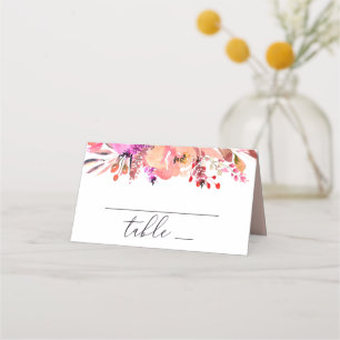 Watercolor bright pink peach fall floral wedding place card