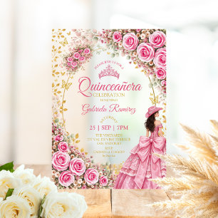 Watercolor Bright Pink Roses Golden Quinceañera Acrylic Invitations