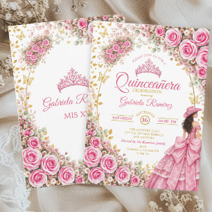 Watercolor Bright Pink Roses Golden Quinceañera Invitation