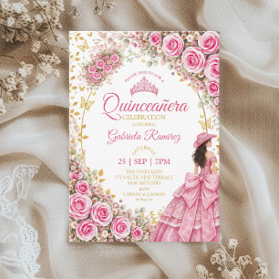 Watercolor Bright Pink Roses Golden  Quinceañera Invitation