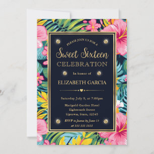 Watercolor Bright Tropical Preppy Flowers Sweet 16 Invitation