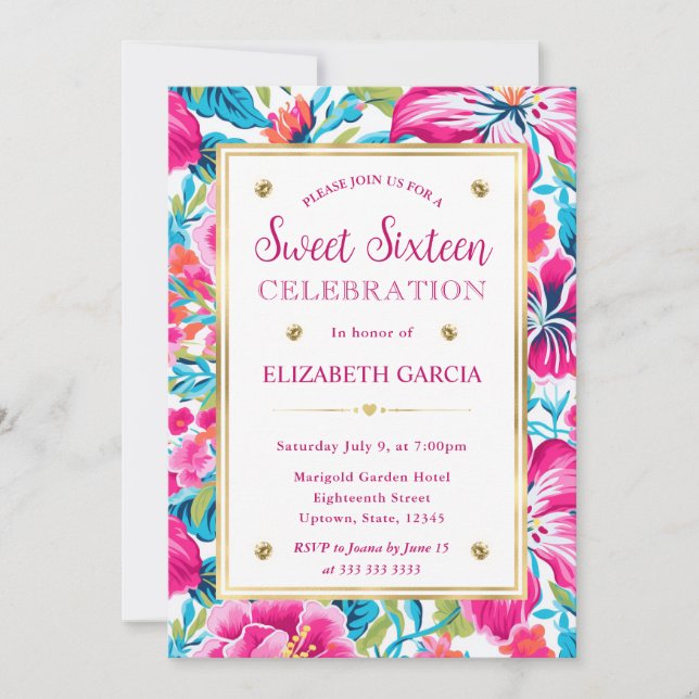 Watercolor Bright Tropical Preppy Flowers Sweet 16 Invitation (Front)