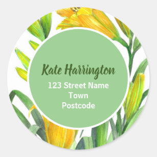Watercolor Bright Yellow Day Lilies Circle Address Classic Round Sticker