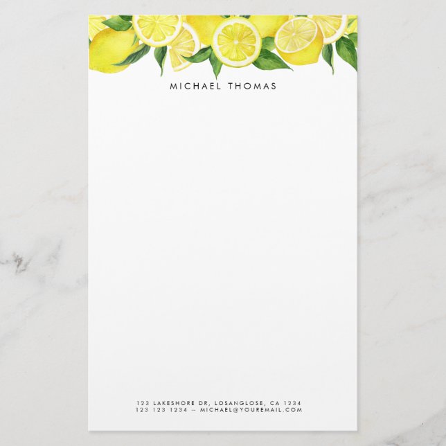 Watercolor Bright Yellow Lemon Personalised Stationery (Front)