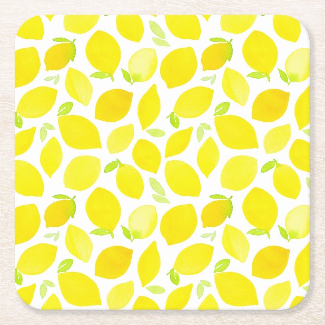 Watercolor Bright Yellow Lemons Pattern Summer Square Paper Coaster (Front)