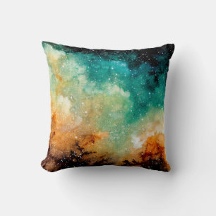 Watercolor Bright Yellow Nebula, Stars and Dark Sk Cushion