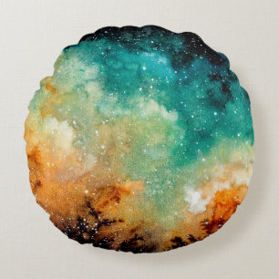 Watercolor Bright Yellow Nebula, Stars and Dark Sk Round Cushion