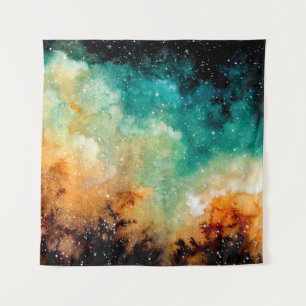 Watercolor Bright Yellow Nebula, Stars and Dark Sk Tapestry