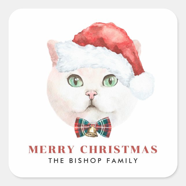 Watercolor British Shorthair Cat Happy Holidays Square Sticker (Front)