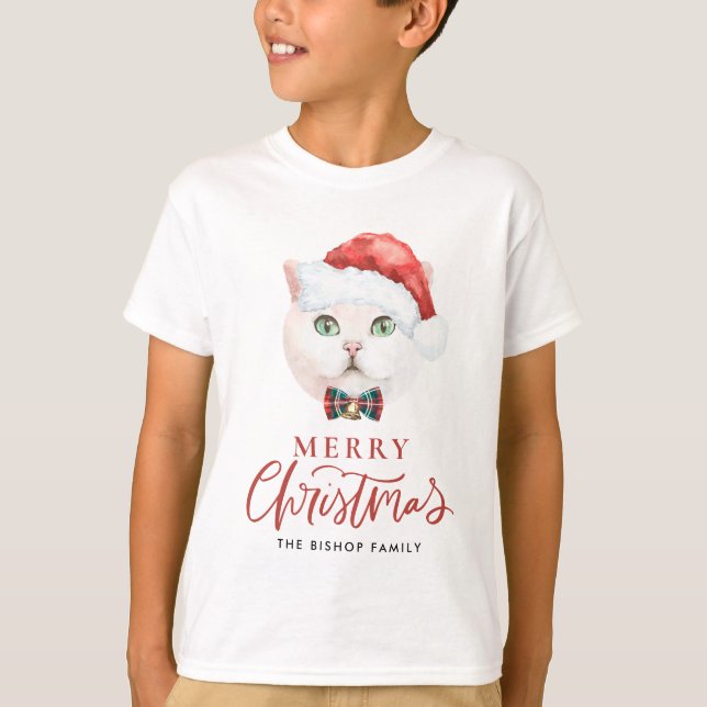Watercolor British Shorthair Cat Merry Christmas T-Shirt (Front)