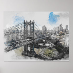 Watercolor Brooklyn Bridge Poster – Elegant NYC