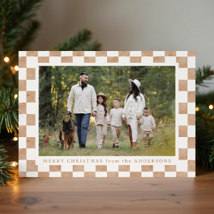 Watercolor Brown and Cream Gingham Christmas Photo Holiday Card