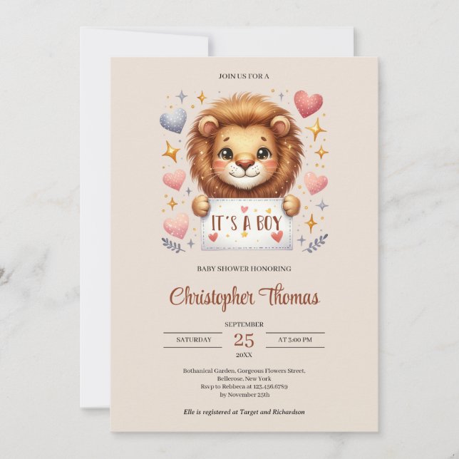 Watercolor brown and ivory Cute baby lion Invitation (Front)