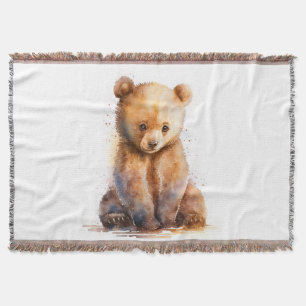 Watercolor Brown Baby Bear, Sitting Cute Bear Cub Throw Blanket