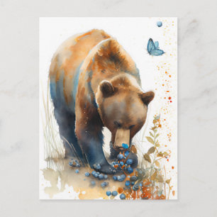 Watercolor Brown Bear Eating Blueberries Postcard