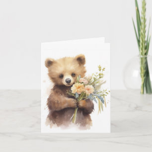 Watercolor Brown Bear With Flowers Note Card
