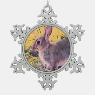 Watercolor Brown Bunny Rabbit Vintage Art Snowflake Pewter Christmas Ornament