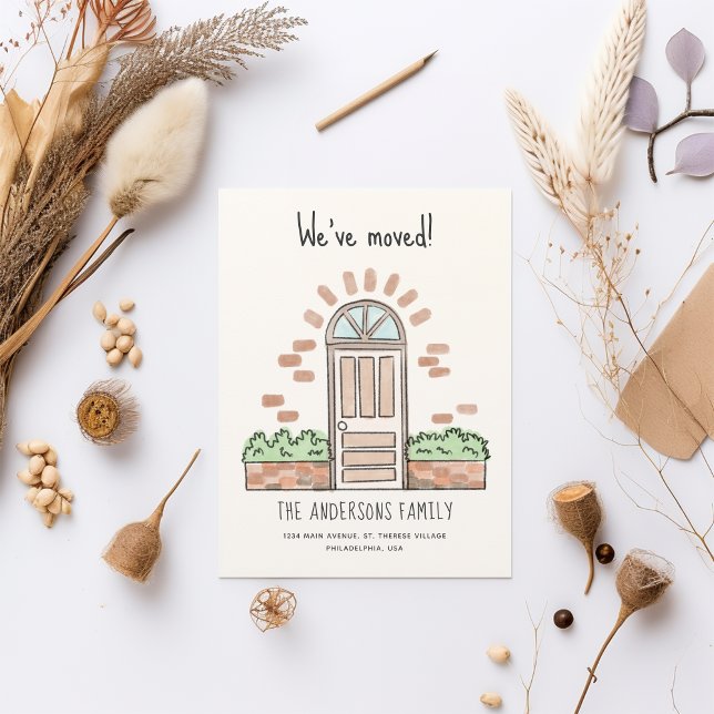 Watercolor Brown Door Playful We've Moved Announcement Postcard (Creator Uploaded)