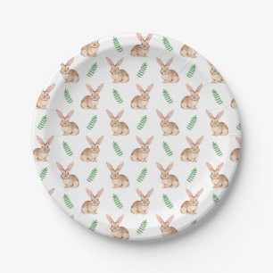 Watercolor Brown Easter Bunny And Greenery Pattern Paper Plate