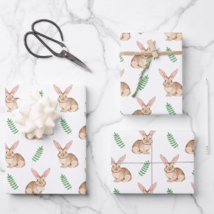 Watercolor Brown Easter Bunny And Greenery Pattern Wrapping Paper Sheet
