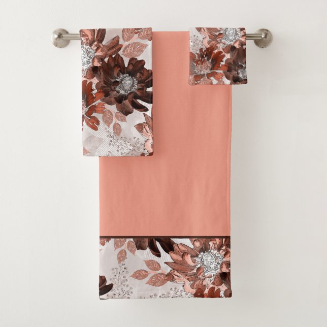 Watercolor brown grey floral pattern. bath towel set (Insitu)