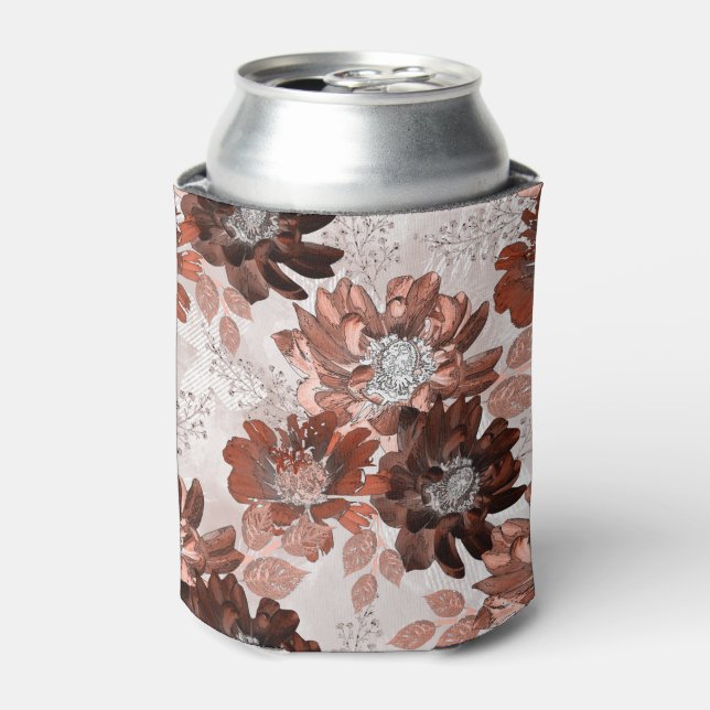 Watercolor brown grey floral pattern. can cooler (Can Front)